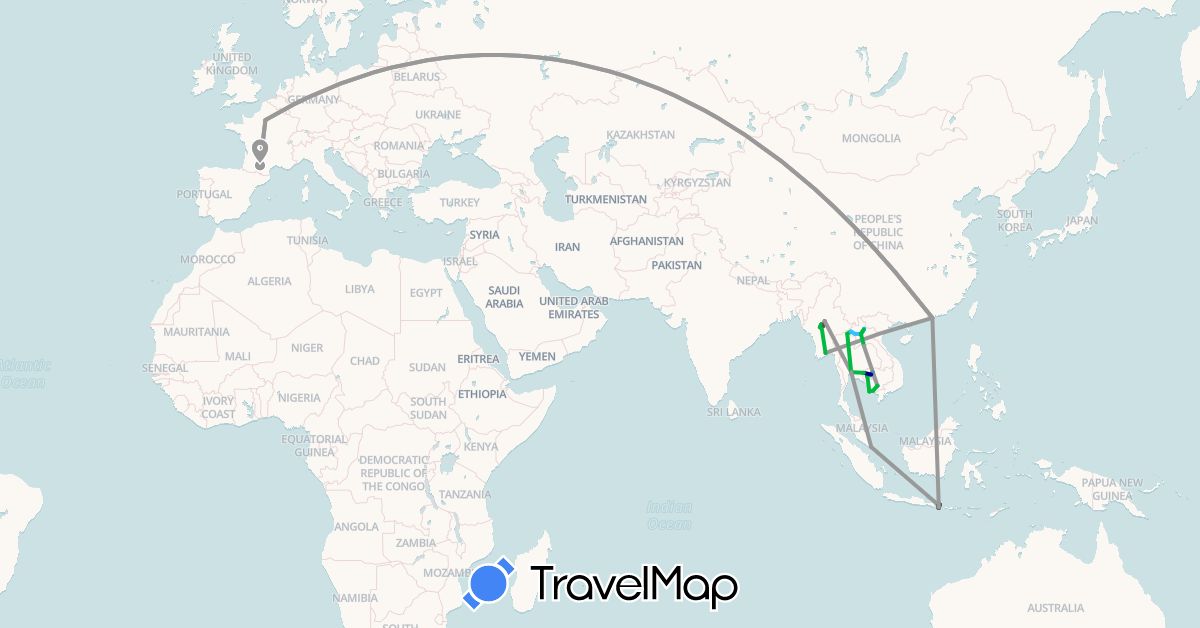 TravelMap itinerary: driving, bus, plane, cycling, boat, motorbike in France, Hong Kong, Indonesia, Cambodia, Laos, Myanmar (Burma), Singapore, Thailand (Asia, Europe)